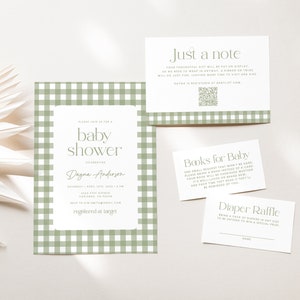 Sage Green Baby Shower Invitation Template, Gingham, Bring a Book, Diaper Raffle, Baby Shower Invites, Instant Download (5622)