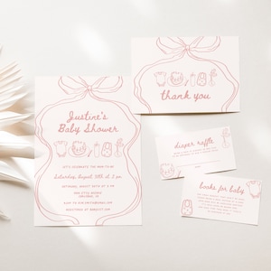 Roze strik babyshower uitnodiging sjabloon, handgetekende, golvend, digitaal, babyshower meisje, babyshower uitnodigen, instant download (5826)