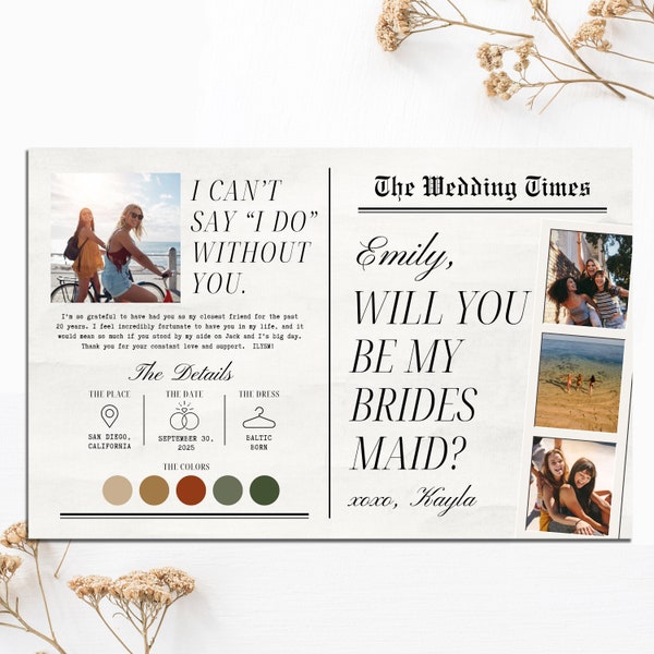 Bridesmaid Proposal Newspaper Editable Template, Unique Bridesmaid Proposal, Printable, Instant Download, Printable Bridesmaid Card