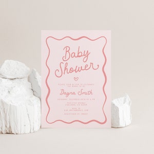 Rosa Baby Shower Einladung Vorlage, Ästhetik, Hand gezeichnete Einladung Vorlage, Digital Download, Sofort Download (5727)