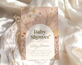 Boho Baby Shower Invitation Girl, Wildflower, Daisy Invitation Template, Digital Download, Arch, Baby Shower Invites, Instant Download