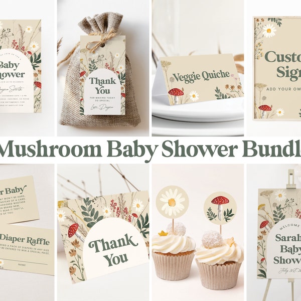 Mushroom Baby Shower Invitation Template, Wildflower, Bundle, Mushroom Party, Forest, Woodland Invites, Invitation Template, Instant (5451)