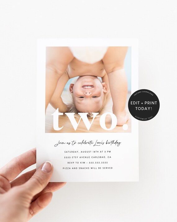 Second Birthday Invitation Template, 2nd Birthday Invites, Birthday Girl, Birthday Boy, Minimalist, Photo, Editable, Printable, Evite