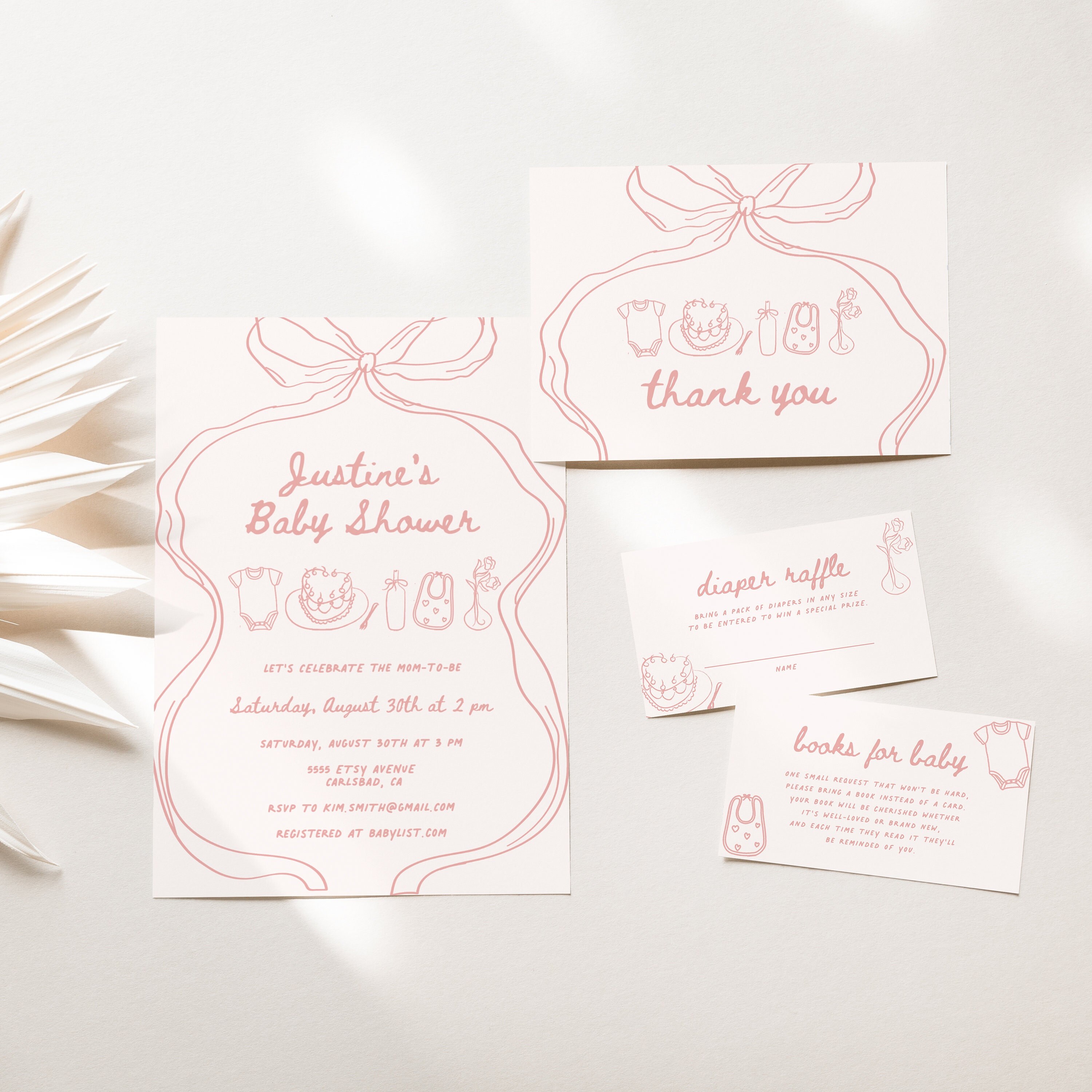 Pink Bow Baby Shower Invitation Template, Hand Drawn, Wavy, Digital, Baby Shower Girl, Baby Shower Invite, Instant Download (5826)