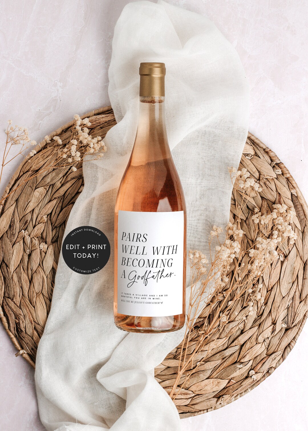 Godfather Gift, Pairs Well With Wine Label Template, Godfather Proposal, Custom Wine Label, Will