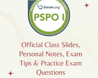 Puede incluir: Gráfico con una insignia circular que dice "Professional Scrum Product Owner I" y "PSPO I". Debajo de la insignia están las palabras "Official Class Slides, Personal Notes, Exam Tips & Practice Exam Questions". El texto "@sgexamnotes" está en la parte inferior.