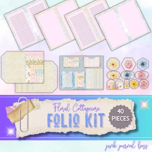 Kit folio pour journal indésirable Floral Cottagecore : 11 pages numériques de style vintage, jaune/bleu/rose, 30 x 8,5 pouces