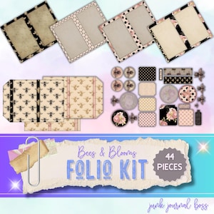 Kit de diário digital Bees & Blooms: 12 páginas + itens efêmeros, rosa/amarelo/preto, 28 x 21,5 cm