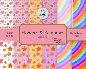 Flowers & Rainbows - Brights Patterned Papers | PNG | Paper Pack