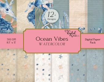 OCEAN VIBES – Ocean Themed Watercolor Digital Scrapbook Paper – Junk and Scrapbooking Journal Papers – .png, .jpg, and .pdf formats