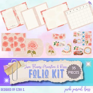 Kit de diario basura floral: Rosas de junio y piedra lunar, 13 páginas digitales con efímeras (28 x 21,5 cm), rosa, rojo y verde