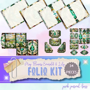 Kit de diário digital May Flowers Emerald & Lily - 13 páginas com itens efêmeros, scrapbooking de primavera