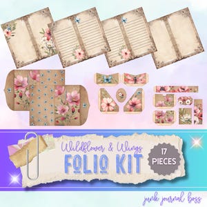 Wildflowers & Wings Junk Journal Folio Kit: 8 pagina's bedrukbaar met bloemen, 11 x 8,5 inch, roze/groen/wit op beige
