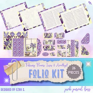 Februar Blumen Junk Journal Kit: Iris & Amethyst Digitale Seiten mit Ephemera - Lavendel/Gelb/Grün