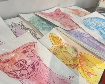 Custom Pet Portrait, Colorful Ink Drawing, Fine Art Gift