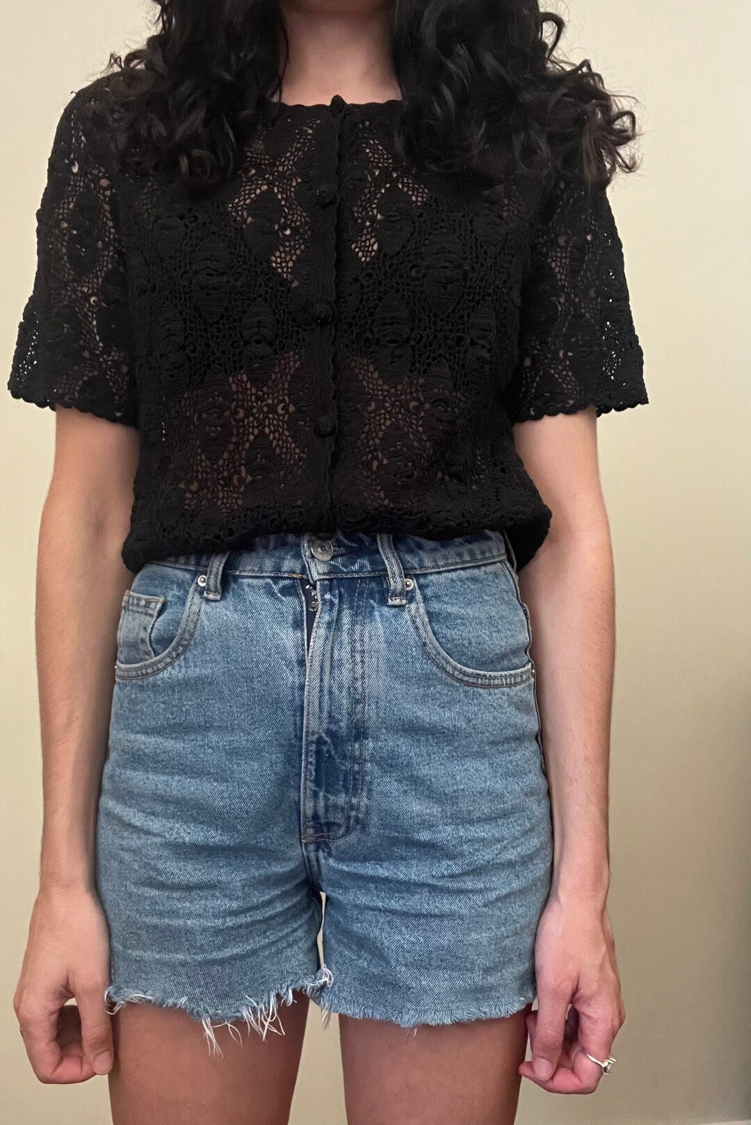 Long Sleeve Vintage Wash Lace Button Front Top