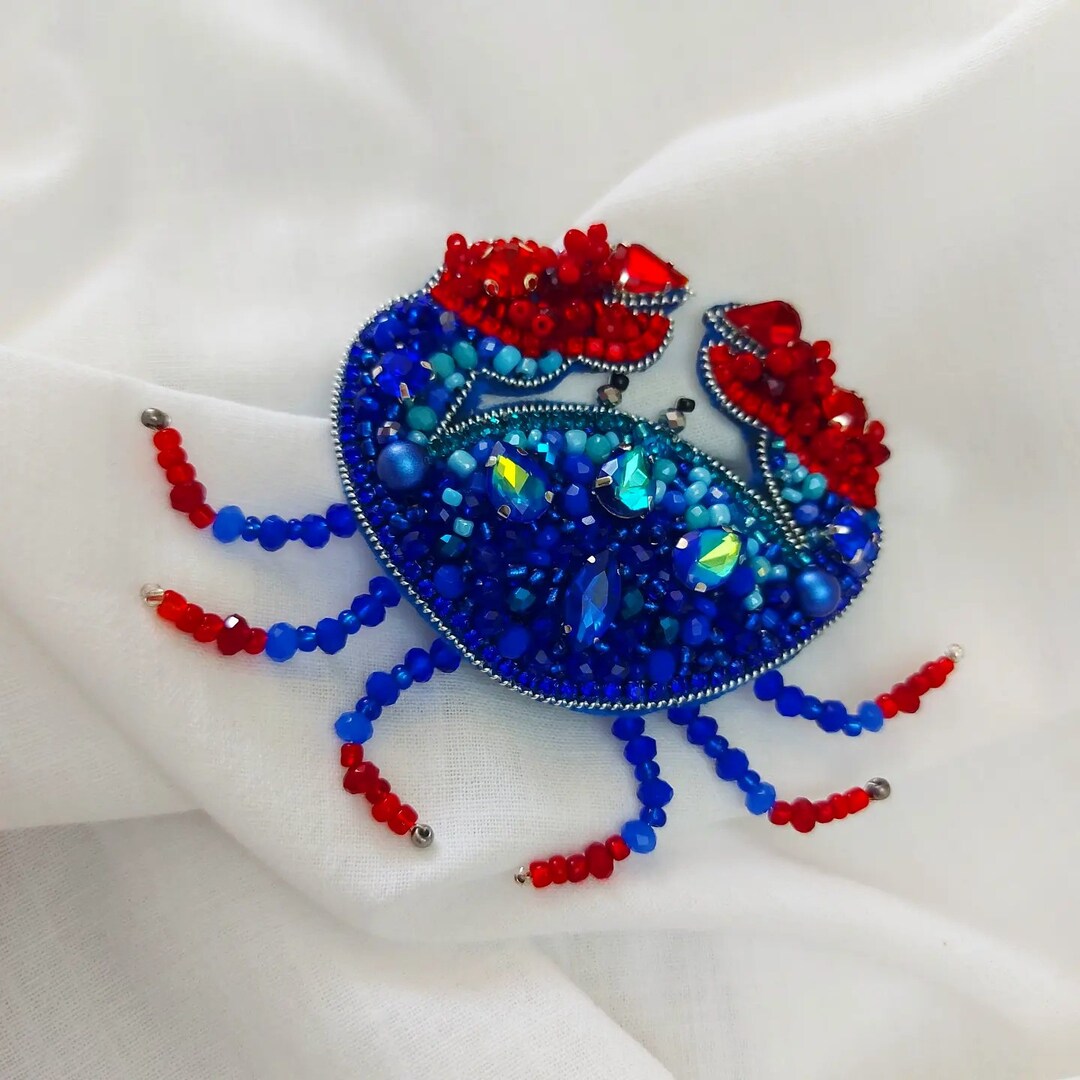 Crab Brooch Handmade,blue Red Beaded Crab Pin,cancer Accessory,sea