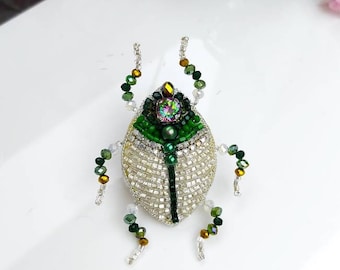 Handmade Beaded Beetle Brooch: Green Crystal Bug Pin