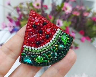 Watermelon Brooch,Handmade Red Fruits Jewelry,Beaded Red Fruit Accessory,Crystal beaded Watermelon Pin,Gift for Nutritionist,Palestine flag