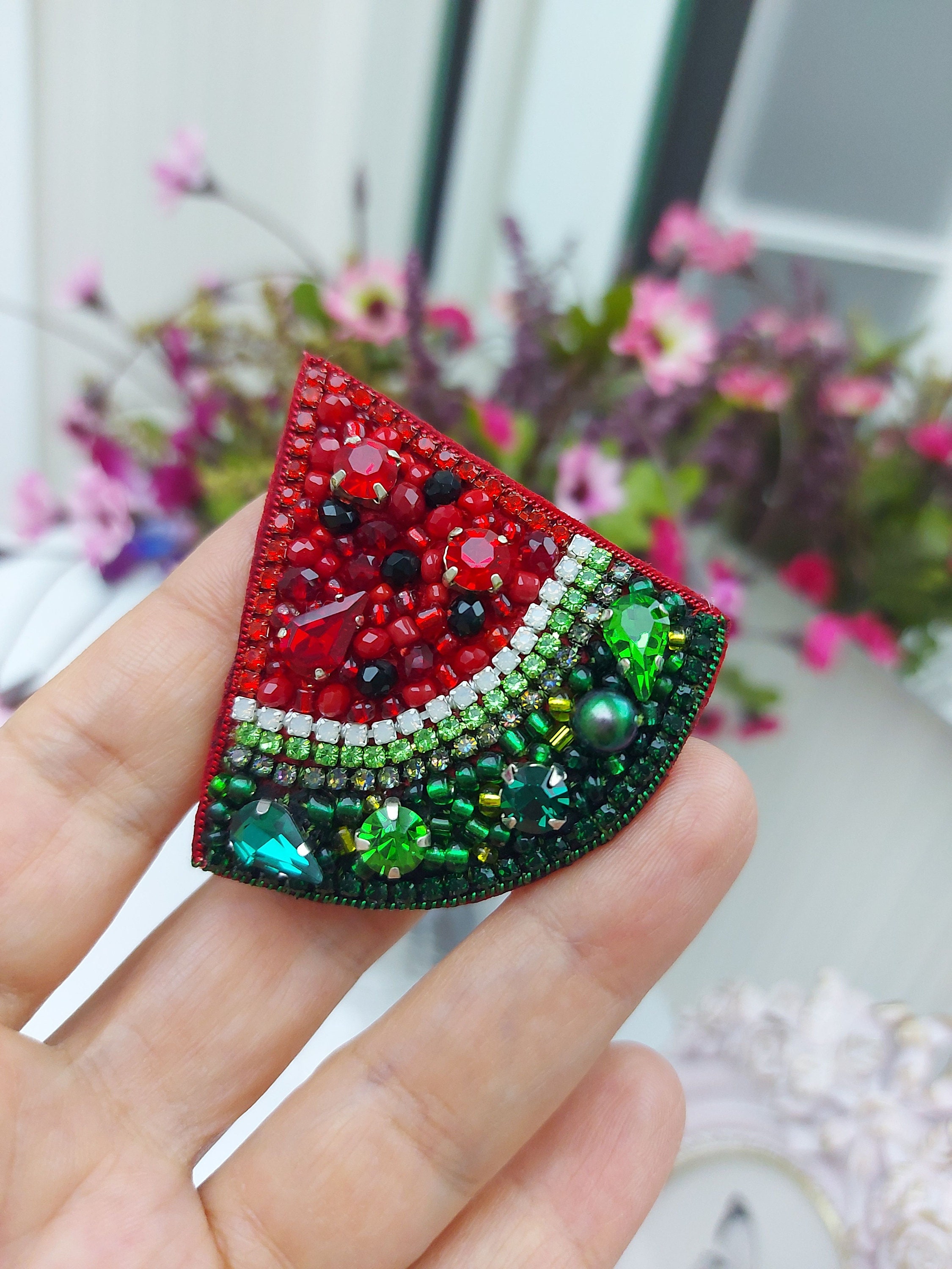 Watermelon Brooch Handmade, Red Fruits Jewelry,Beaded Red Fruit Accessory,Crystal beaded Watermelon Pin,Gift for Nutritionist,Gift for mom