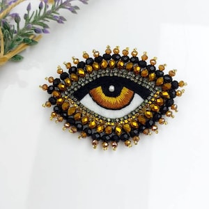 Brown Beaded Evil Eye Brooch Handmade, Crystal Beaded Evil Eye brooch,Evil Eye Jewelry,Gift for Birthday,Embroidered Amulet pin,Nazar Brooch