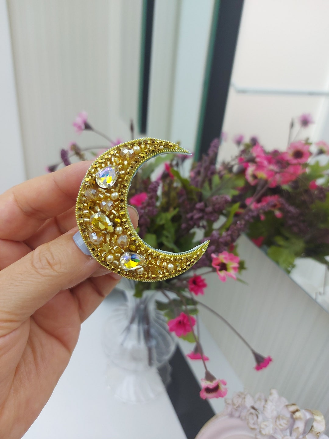 Broche Vintage Boho – Fleurs Vertes Et Lune – Doré – Occasion