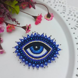 Evil Eye Brooch Handmade,Blue Beaded Evil Eye Pin,Amulet Jewelry,Handcrafted Nazar Pin,Gift for Christmas,Gift Evil Eye lovers,Embroidery