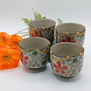 24k Gold Genuine Kintsugi Repaired Floral Tea Cups, Set of 4 Glazed Ceramic Cups, Wabi-Sabi Pottery, Hand Repaired Tea Cups, Unique Gift
