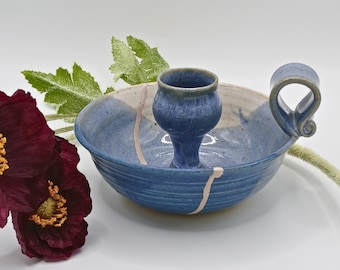 Handmade Blue Ceramic Kintsugi Candle Holder: Gintsugi Silver Repair
