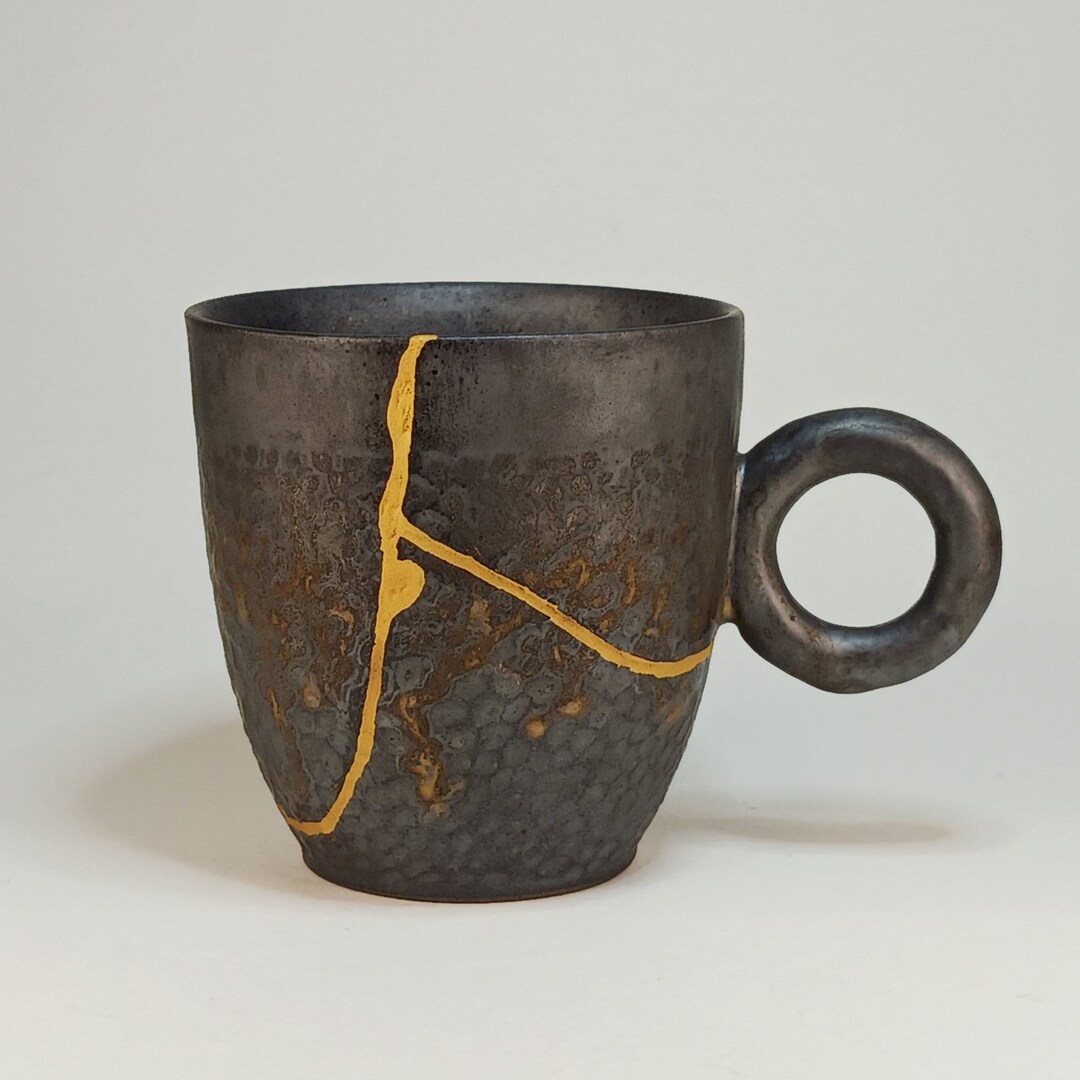 Genuine Kintsugi Food Safe 24k Gold Mug Ceramic Cup Black Etsy