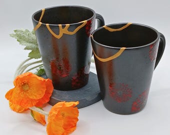 24k Gold Kintsugi Mugs: Artisan Repaired Ceramic Teacups, Set of Two