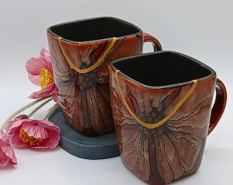 24k Gold Kintsugi Mugs: Artisan Repaired Ceramic Teacups, Set of Two