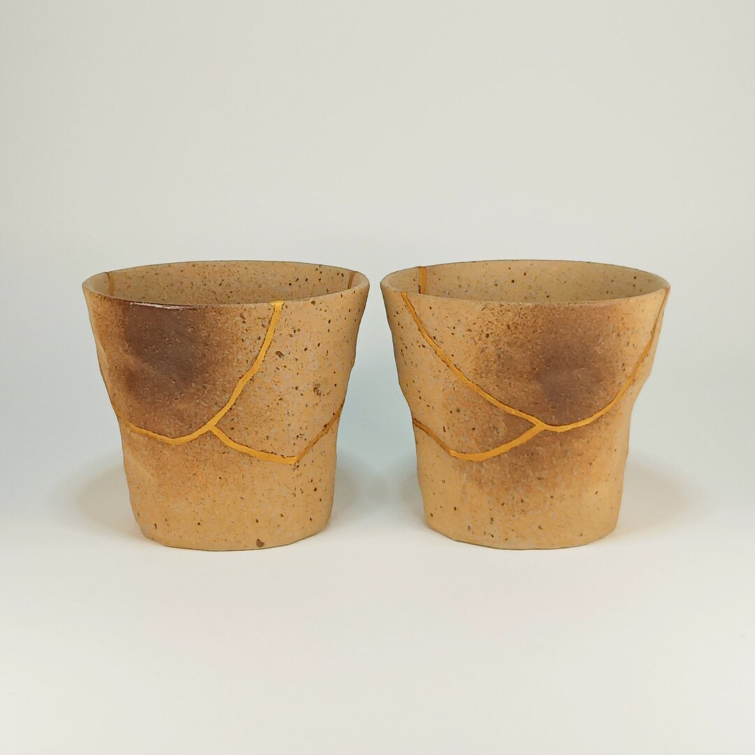 Genuine Kintsugi Shigaraki Teacups, Food Safe 24k Gold, Set of Two