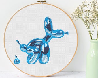 Squatting Balloon Dog & Present Cross Stitch Pattern PDF, metallic cross stitch, aesthetic cross stitch, modern cross stitch