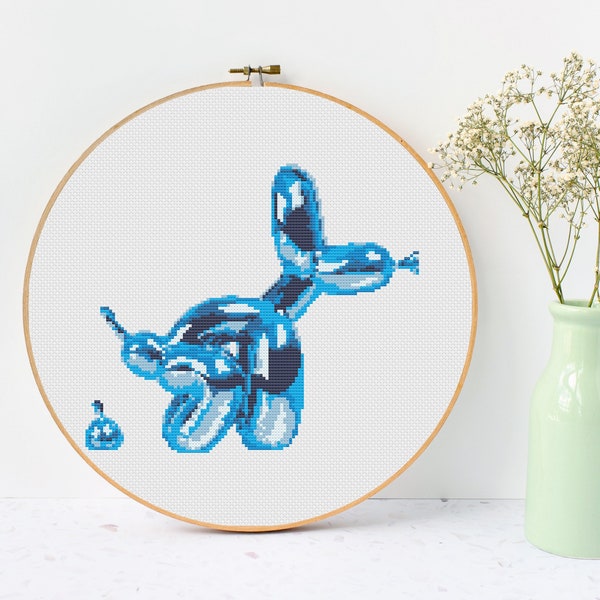 Squatting Balloon Dog & Present Cross Stitch Pattern PDF, metallic cross stitch, aesthetic cross stitch, modern cross stitch