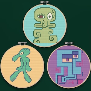 Patrón de punto de cruz en PDF de pinturas de calamares, punto de cruz divertido, punto de cruz moderno, punto de cruz con cita