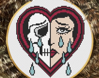 American Traditional Tattoo Weeping Skull Cross Stitch Pattern PDF, Gothic cross stitch, modern cross stitch