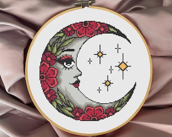 Schema punto croce con motivo floreale tradizionale americano a forma di luna: ricamo in stile tatuaggio scuro (PDF)