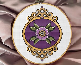 American Traditional Tattoo Circle Framed Flower Cross Stitch Pattern PDF, Gothic cross stitch, modern cross stitch, aesthetic cross stitch