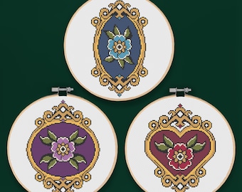 American Traditional Tattoo Framed Flower Trio Cross Stitch Patterns PDF, Gothic cross stitch, modern cross stitch, aesthetic cross stitch