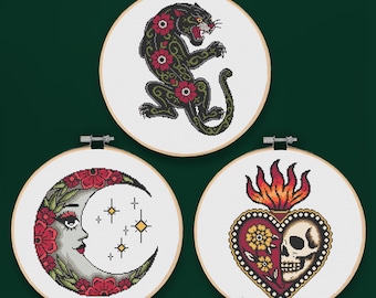 American Traditional Essentials Trio counted Cross Stitch Pattern: Dark Tattoo Style Embroidery (PDF)