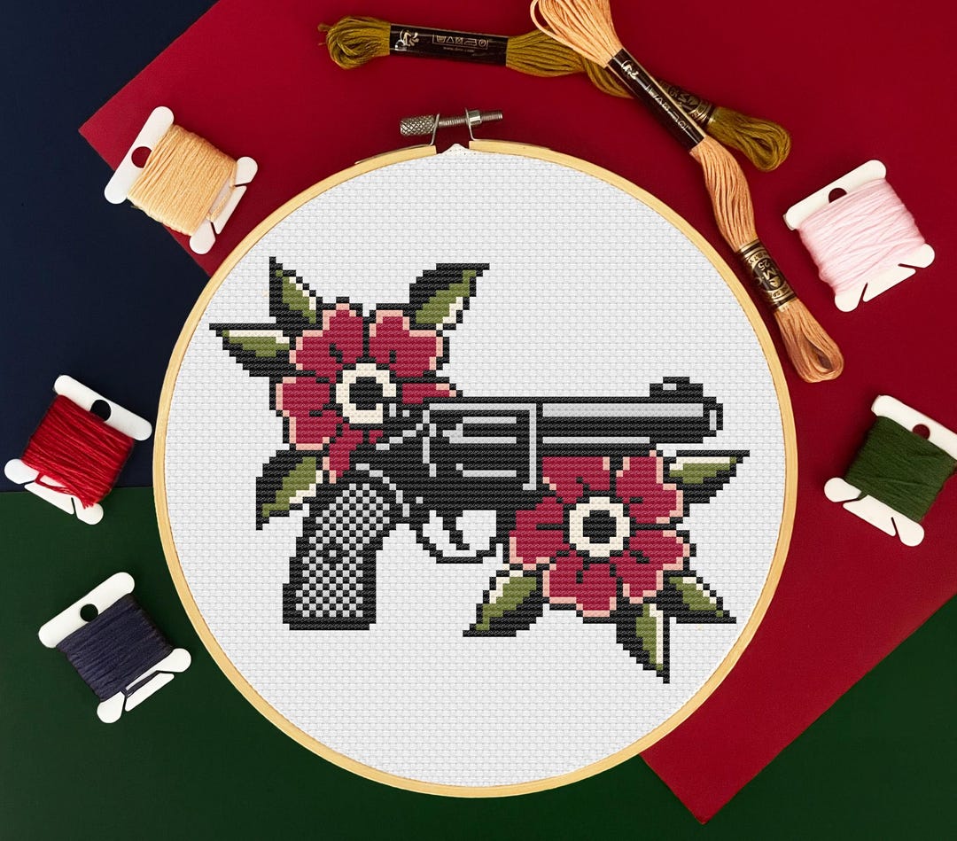 American Traditional Floral Revolver Cross Stitch Pattern PDF, Gothic ...