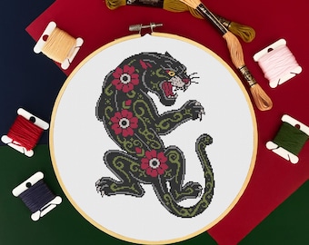 American Traditional Floral Panther counted Cross Stitch Pattern: Dark Tattoo Style Embroidery (PDF)