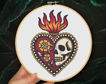 American Traditional Sacred Heart counted Cross Stitch Pattern: Dark Tattoo Style Embroidery (PDF)