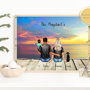 Ocean, Sunset Beach Cartoon Family Print, Customizable Pet Character, Personalized Family Portrait, Family Illustration Digital Download