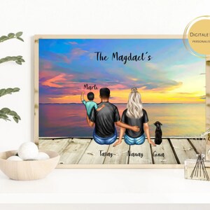 Ocean, Sunset Beach Cartoon Family Print, Customizable Pet Character, Personalized Family Portrait, Family Illustration Digital Download 2
