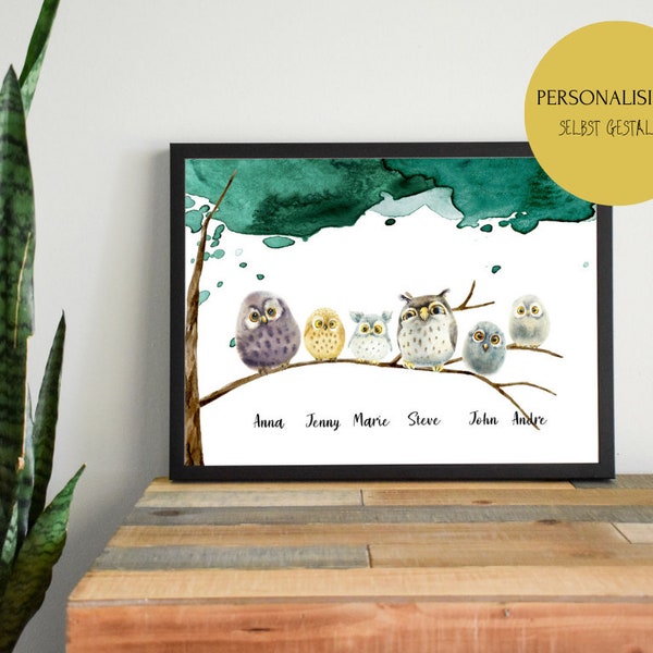 Owl picture // Personalized wall picture // Gifts with name // Personalized poster family // Picture owl