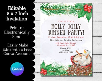 Editable Christmas Party Invitation, Green and Red Holly, Christmas Cookies, Holiday Party Invitation, Canva Editable, Instant Download