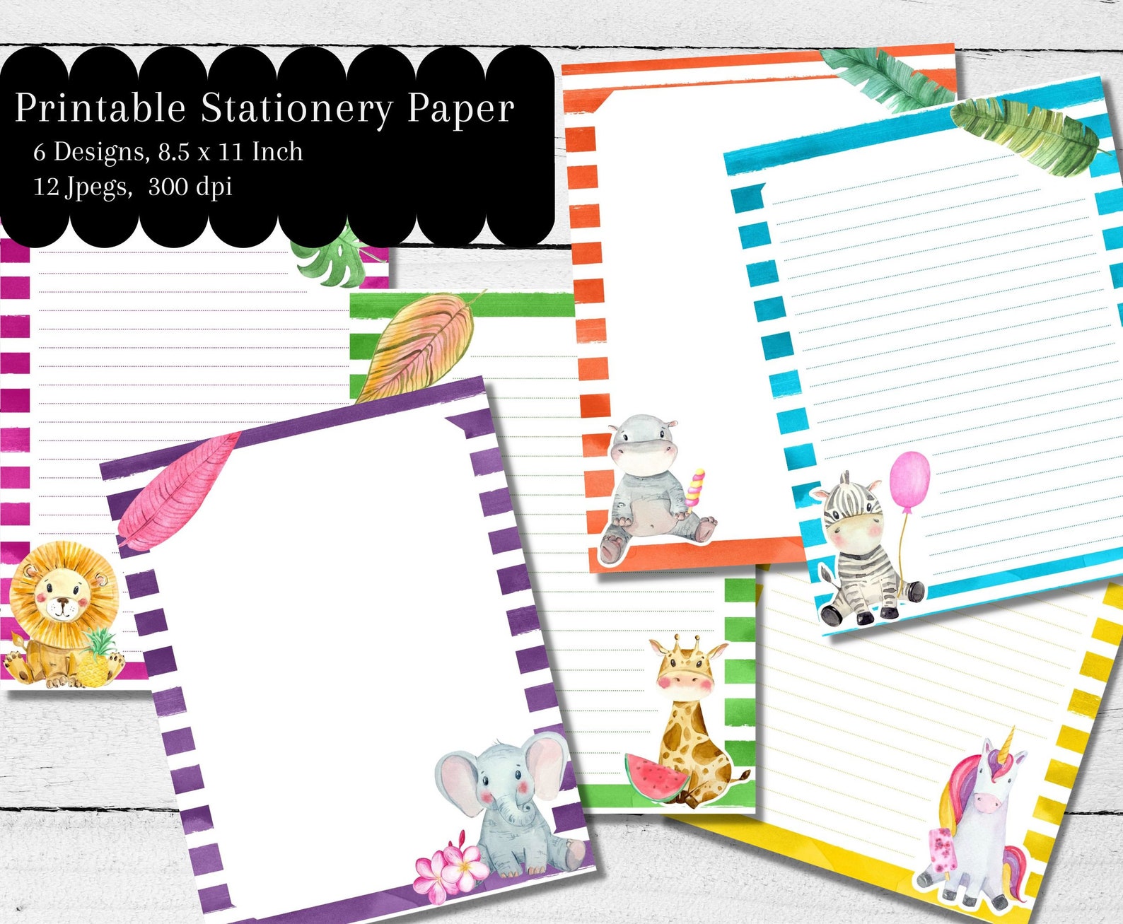 Animals Digital Stationery Set, Kids Animals Printable Paper Set, Hippo ...