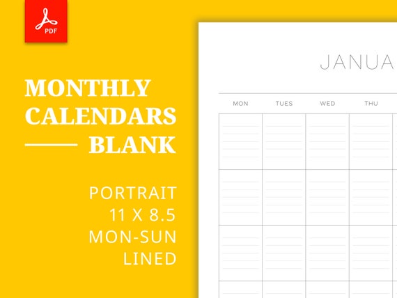 Blank Monthly Calendar Printable Lined Vertical - Etsy